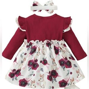Hibobi Girls’ Burgundy and White Floral and Bunny Dress with Headband